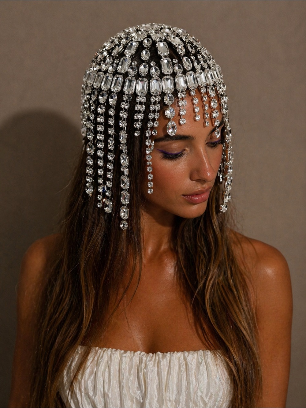 Silver Beaded Fringe Headpiece with Rhinestone Drapes